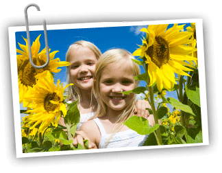 Two twin girls with blond hair in a field of sunflowers